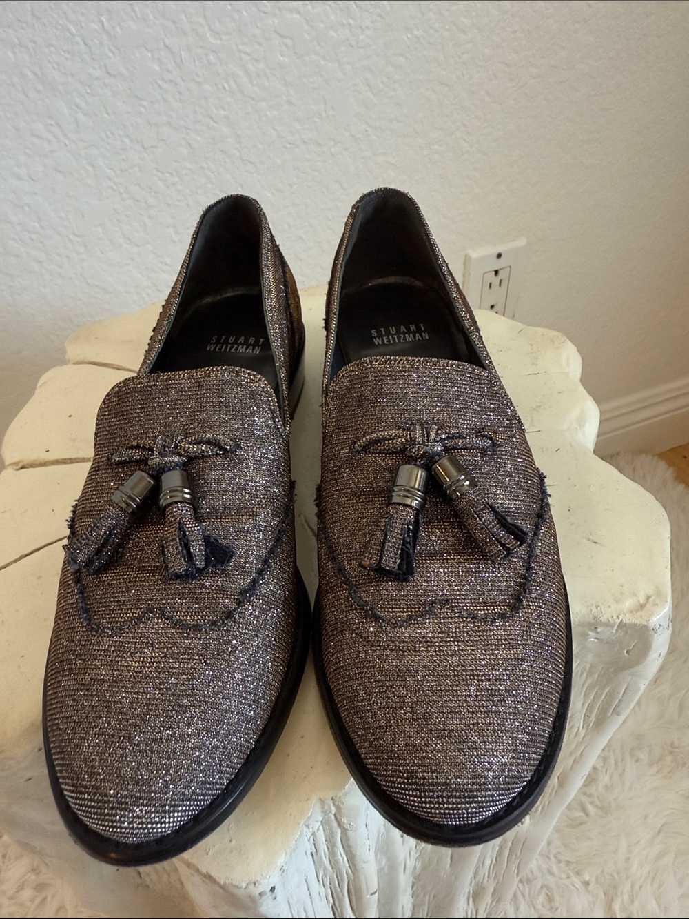 Stuart Weitzman Metallic Silver Tassel Loafers